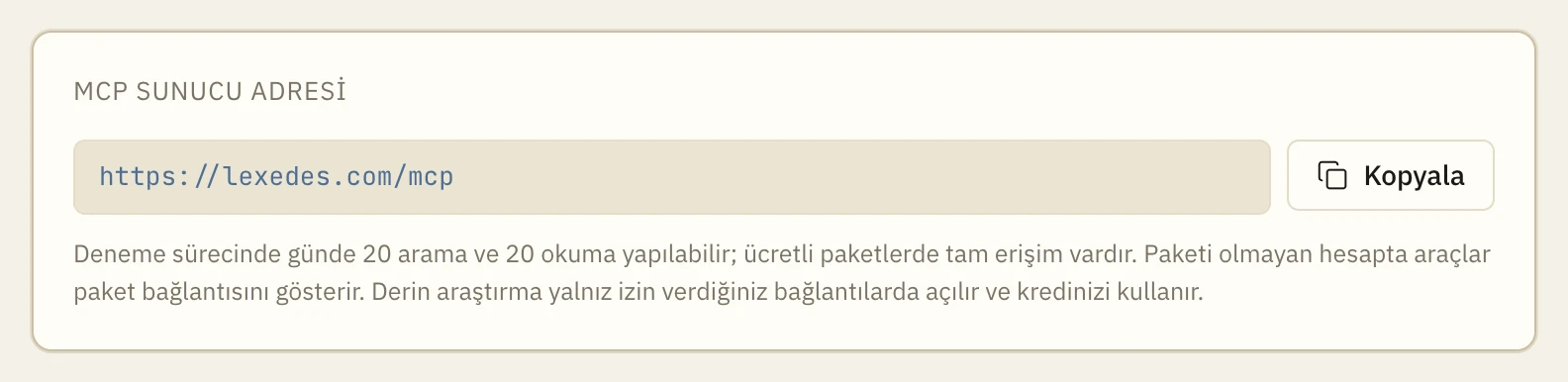 Lexedes Bağlantılar sayfasında bağlantı adresi ve Kopyala düğmesi