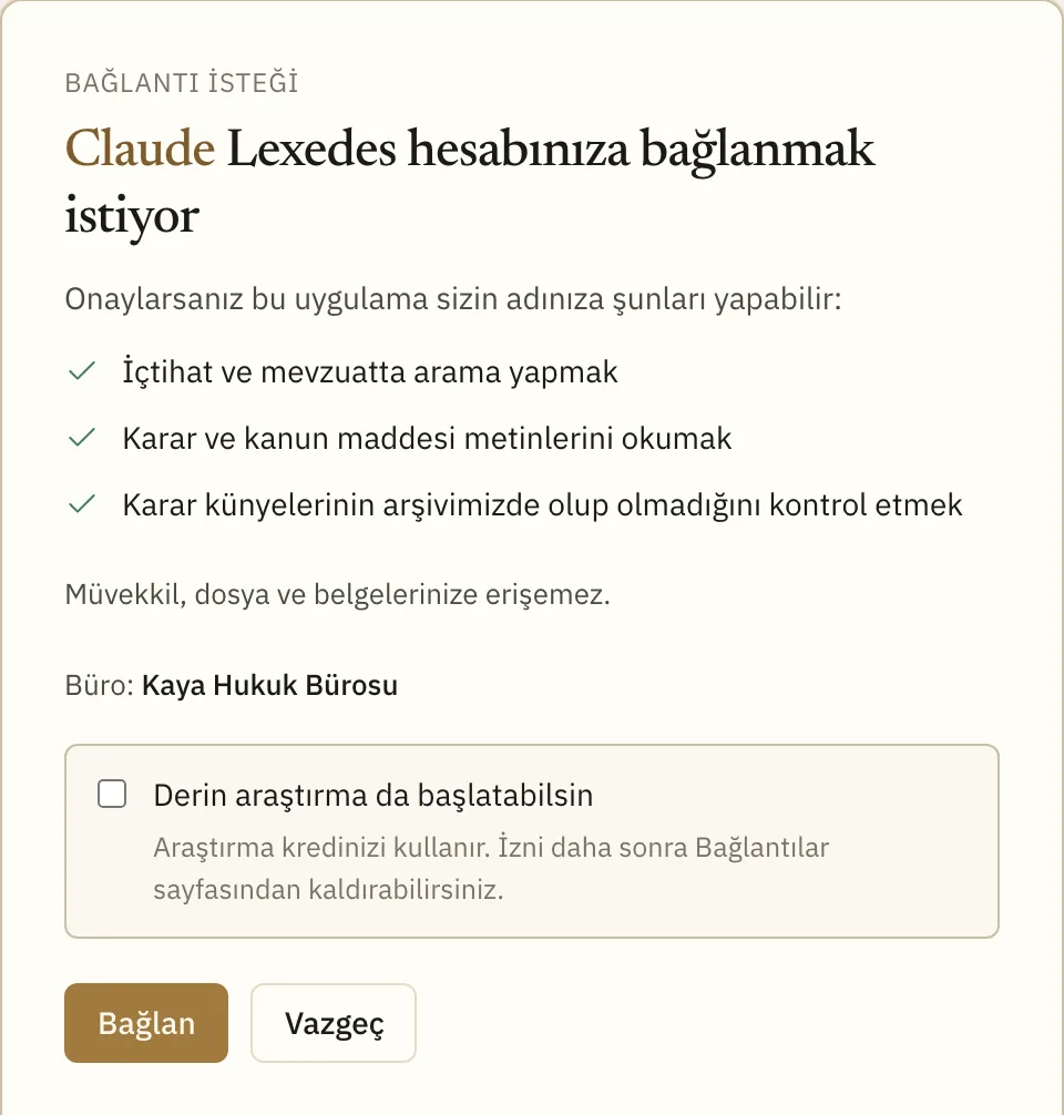 Lexedes'in bağlantı onay sayfası: izinler, büro ve Bağlan düğmesi
