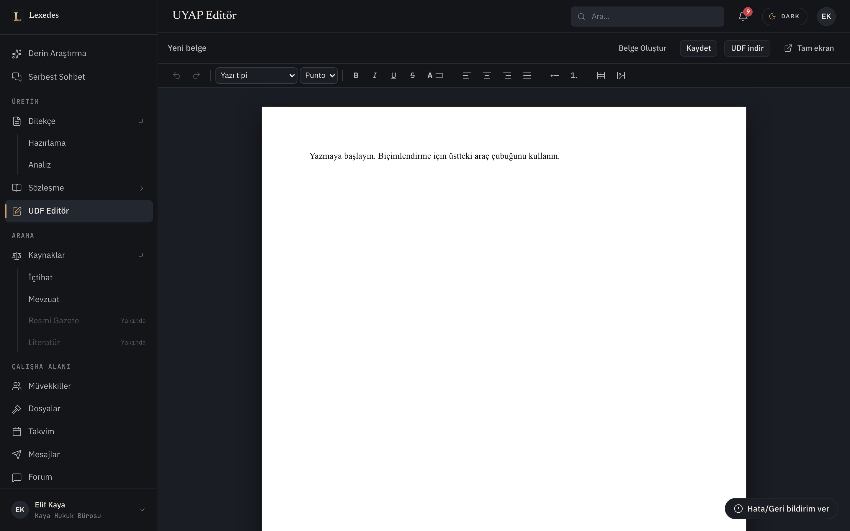 UYAP uyumlu UDF editörü